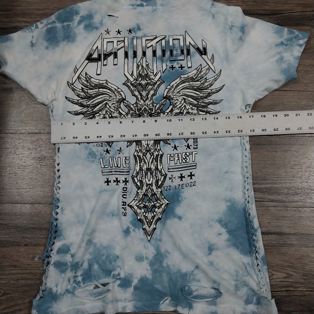 Affliction Shirt Womens L Iron Armada Blue Tie Dye Tee Live Fast Biker Punk Y2K - Picture 9 of 9